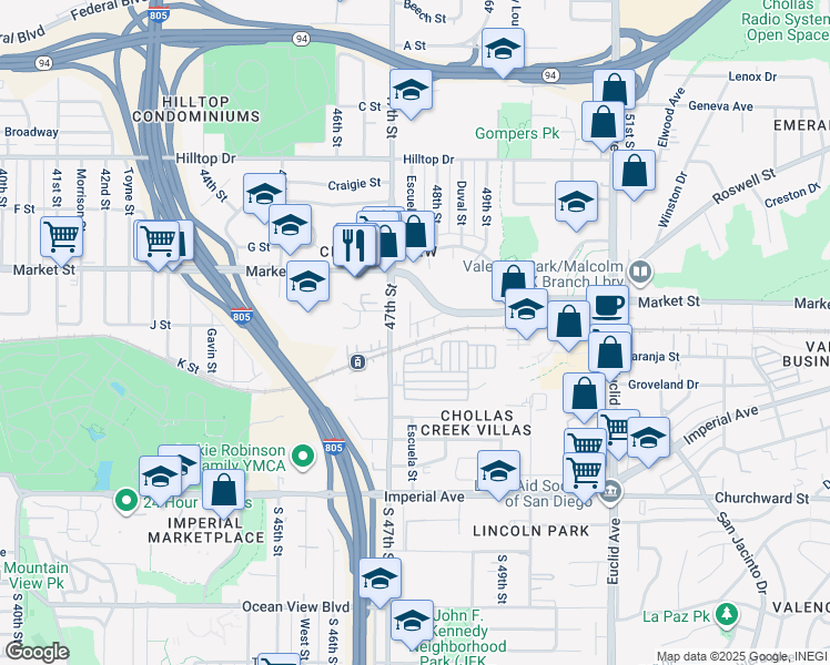 map of restaurants, bars, coffee shops, grocery stores, and more near 415 Aurora Street in San Diego