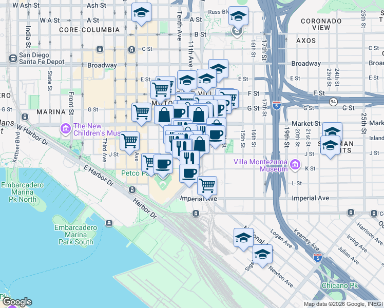 map of restaurants, bars, coffee shops, grocery stores, and more near J St & N 11th Ave in San Diego