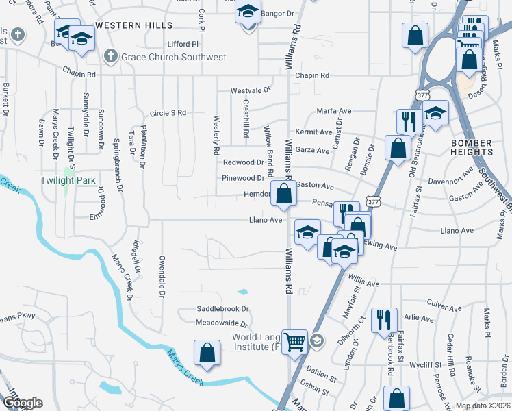 map of restaurants, bars, coffee shops, grocery stores, and more near 4209 Shipley Court in Benbrook