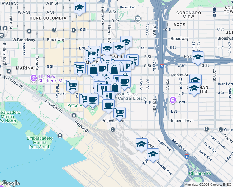 map of restaurants, bars, coffee shops, grocery stores, and more near J Street in San Diego