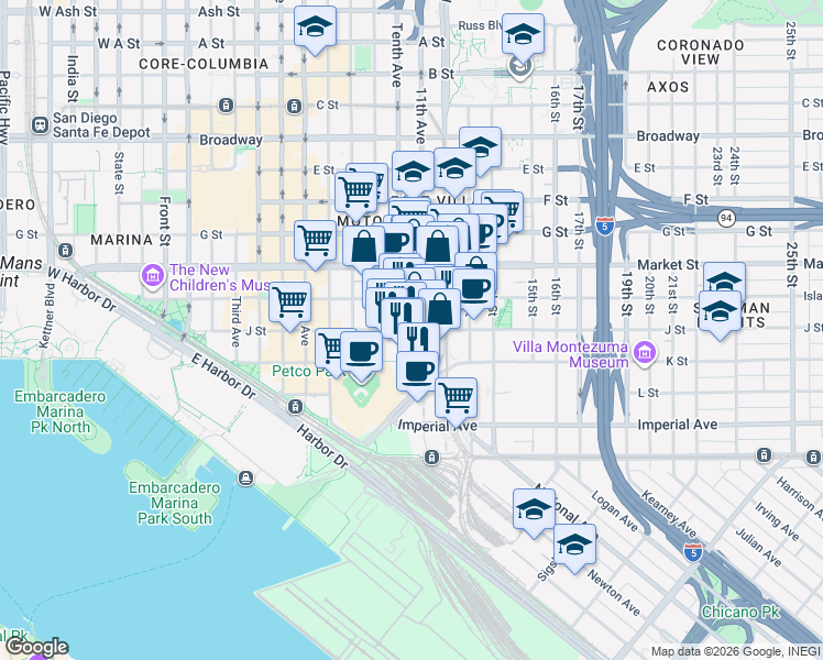 map of restaurants, bars, coffee shops, grocery stores, and more near J Street in San Diego
