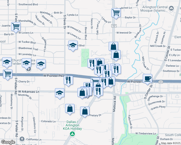map of restaurants, bars, coffee shops, grocery stores, and more near 941 West Pioneer Parkway in Arlington
