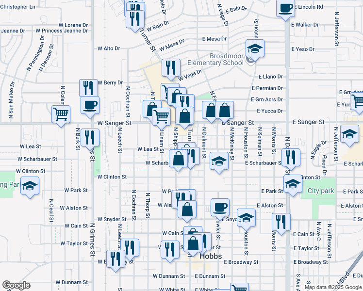map of restaurants, bars, coffee shops, grocery stores, and more near 116 West Lea Street in Hobbs