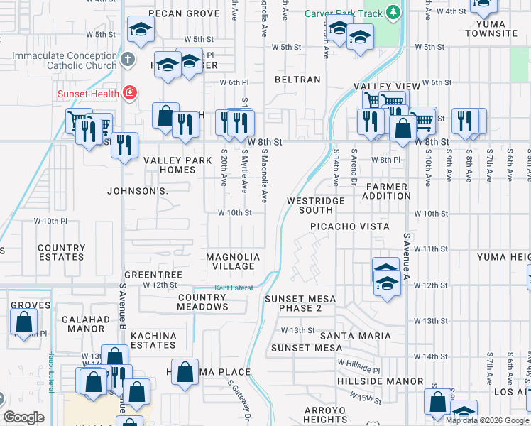 map of restaurants, bars, coffee shops, grocery stores, and more near 1000 South Magnolia Avenue in Yuma