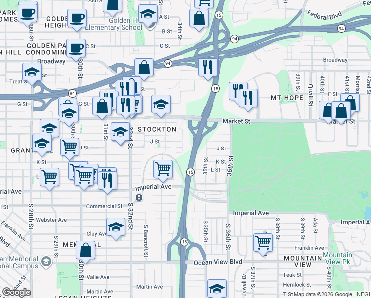 map of restaurants, bars, coffee shops, grocery stores, and more near 335 34th Street in San Diego