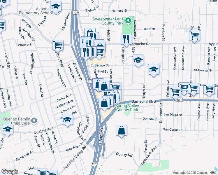 map of restaurants, bars, coffee shops, grocery stores, and more near 8764 Orville Street in Spring Valley