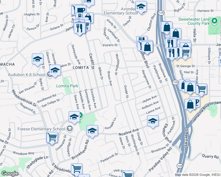 map of restaurants, bars, coffee shops, grocery stores, and more near 456 Braun Avenue in San Diego