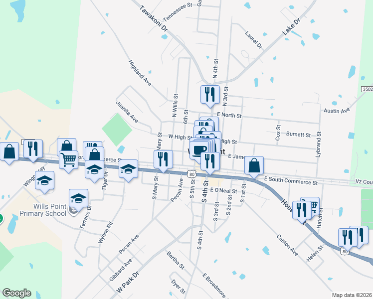 map of restaurants, bars, coffee shops, grocery stores, and more near 218 6th Street in Wills Point