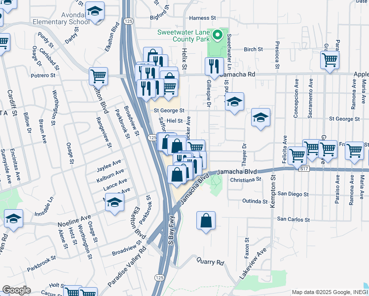 map of restaurants, bars, coffee shops, grocery stores, and more near 8764 Orville Street in Spring Valley