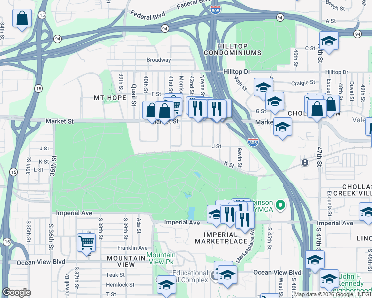 map of restaurants, bars, coffee shops, grocery stores, and more near 2 J Street in San Diego
