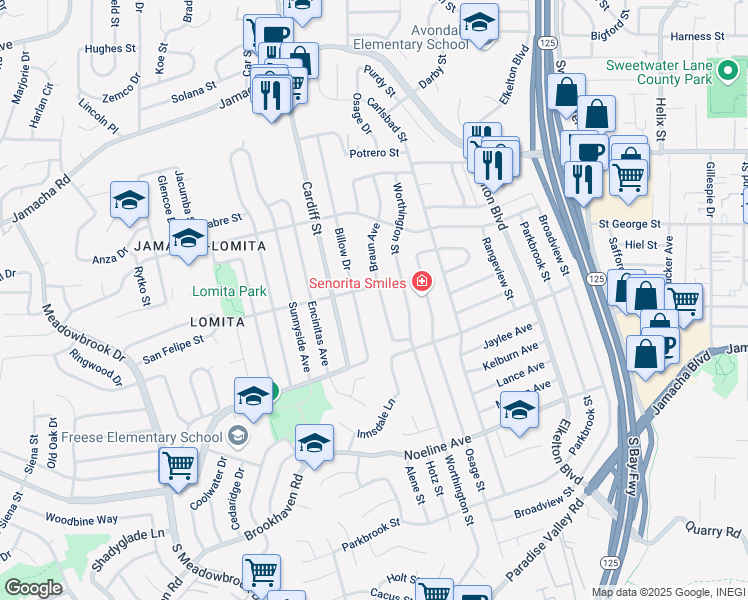 map of restaurants, bars, coffee shops, grocery stores, and more near 456 Braun Avenue in San Diego