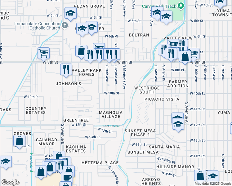 map of restaurants, bars, coffee shops, grocery stores, and more near 998 South Myrtle Avenue in Yuma