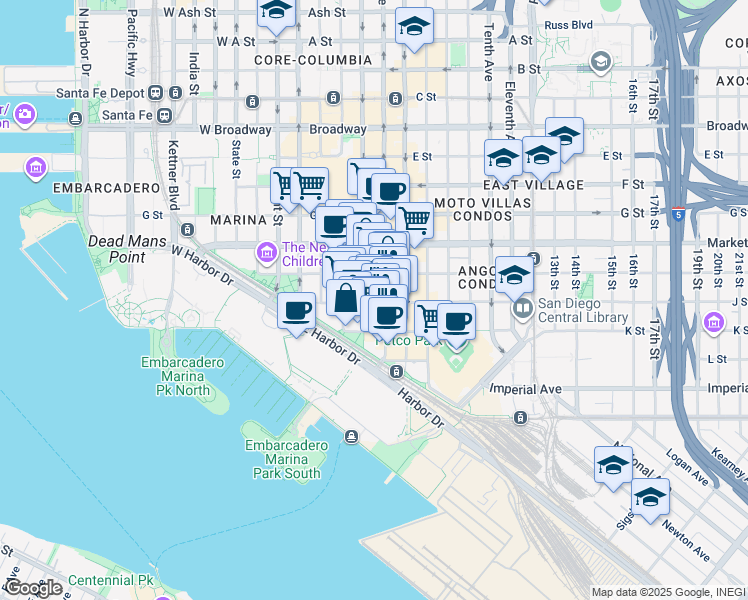 map of restaurants, bars, coffee shops, grocery stores, and more near 450 J Street in San Diego