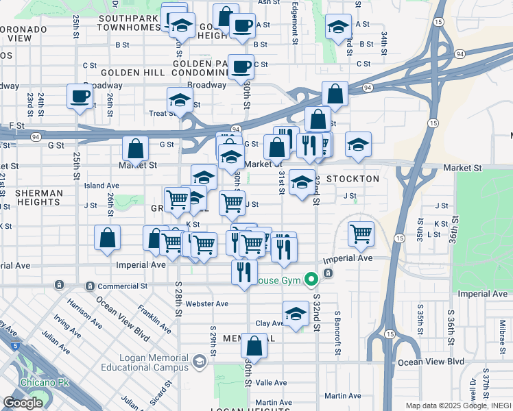 map of restaurants, bars, coffee shops, grocery stores, and more near 3048 K Street in San Diego