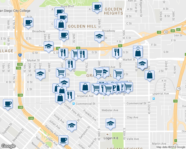map of restaurants, bars, coffee shops, grocery stores, and more near 330 Langley Street in San Diego