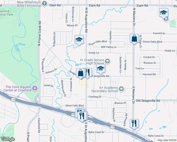 map of restaurants, bars, coffee shops, grocery stores, and more near 9615 Seagoville Road in Dallas
