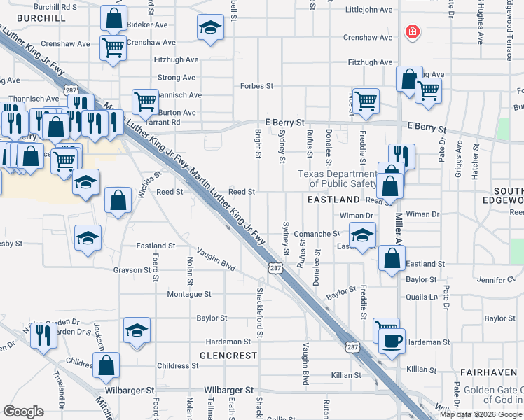 map of restaurants, bars, coffee shops, grocery stores, and more near 3636 Erath Street in Fort Worth