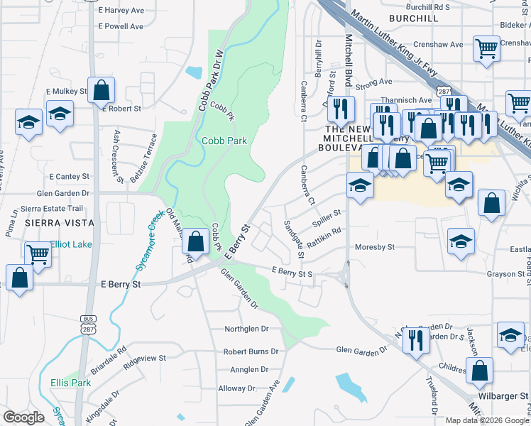 map of restaurants, bars, coffee shops, grocery stores, and more near 2400 East Berry Street in Fort Worth