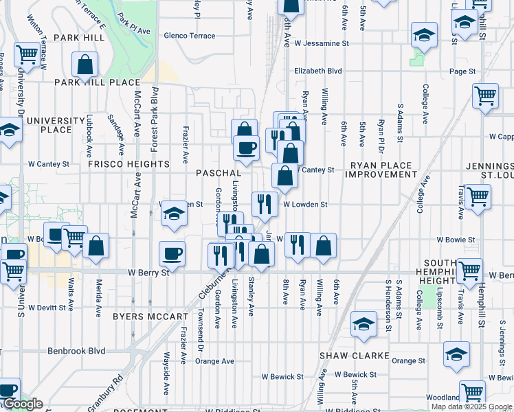 map of restaurants, bars, coffee shops, grocery stores, and more near 2924 Cleburne Road in Fort Worth