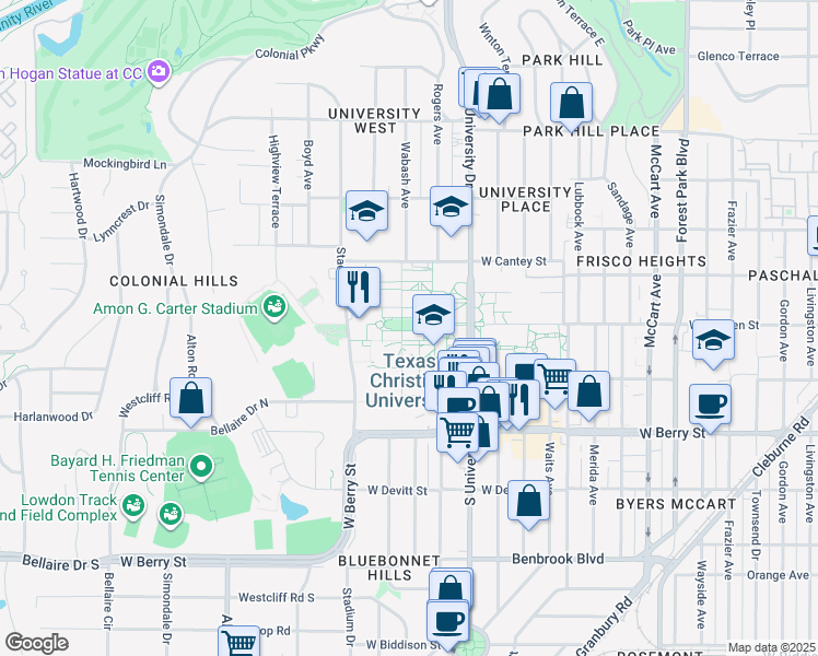 map of restaurants, bars, coffee shops, grocery stores, and more near 3204 Main Drive in Fort Worth