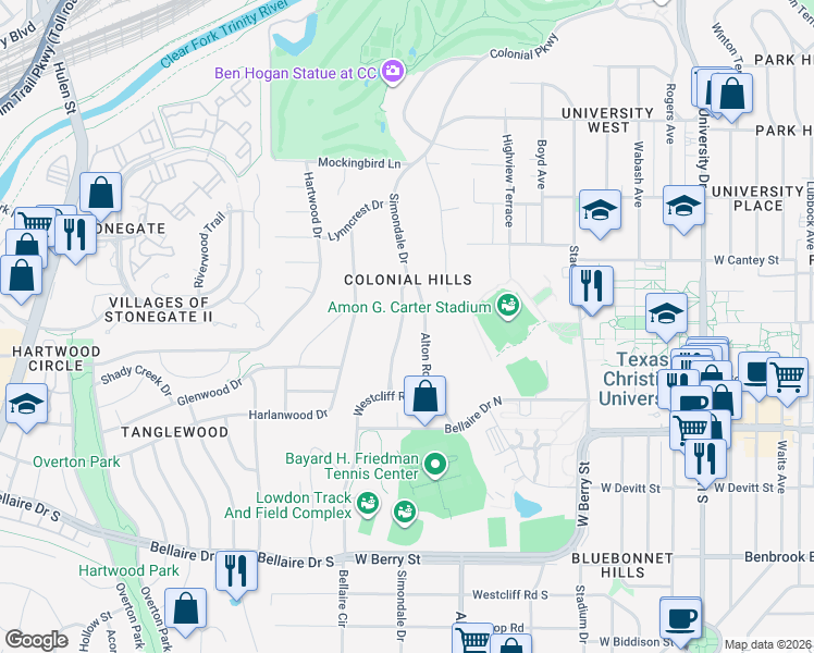 map of restaurants, bars, coffee shops, grocery stores, and more near 2908 Simondale Drive in Fort Worth