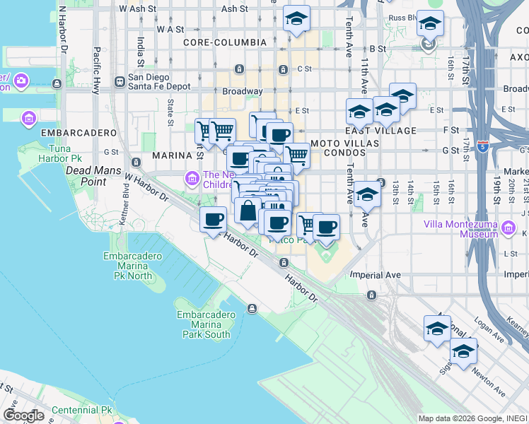 map of restaurants, bars, coffee shops, grocery stores, and more near 400 J Street in San Diego