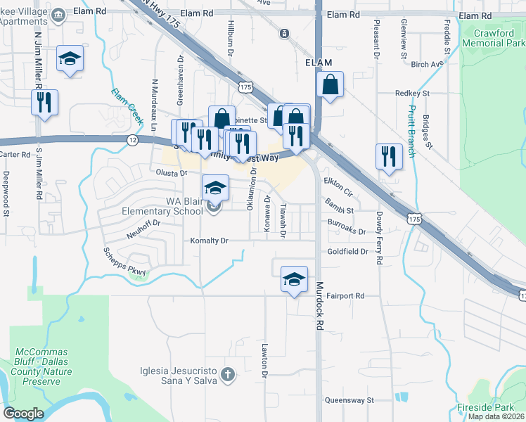map of restaurants, bars, coffee shops, grocery stores, and more near 331 Konawa Drive in Dallas