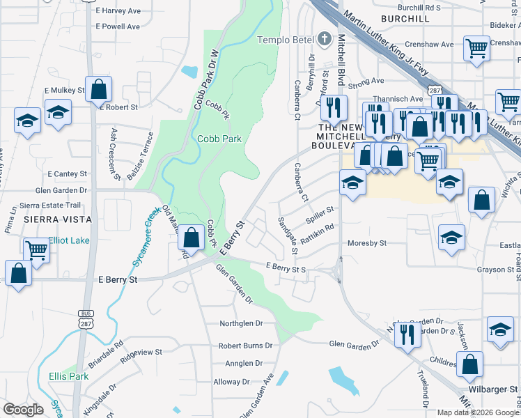 map of restaurants, bars, coffee shops, grocery stores, and more near 2400 East Berry Street in Fort Worth
