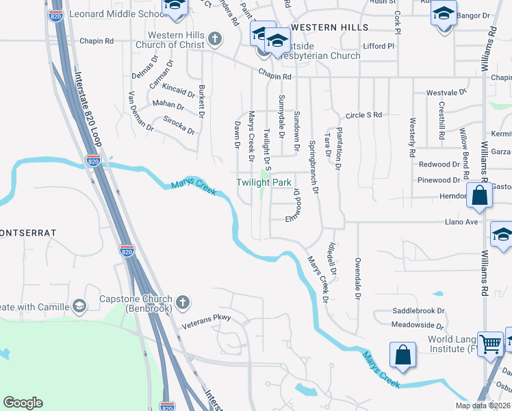 map of restaurants, bars, coffee shops, grocery stores, and more near 4305 Marys Creek Drive in Benbrook