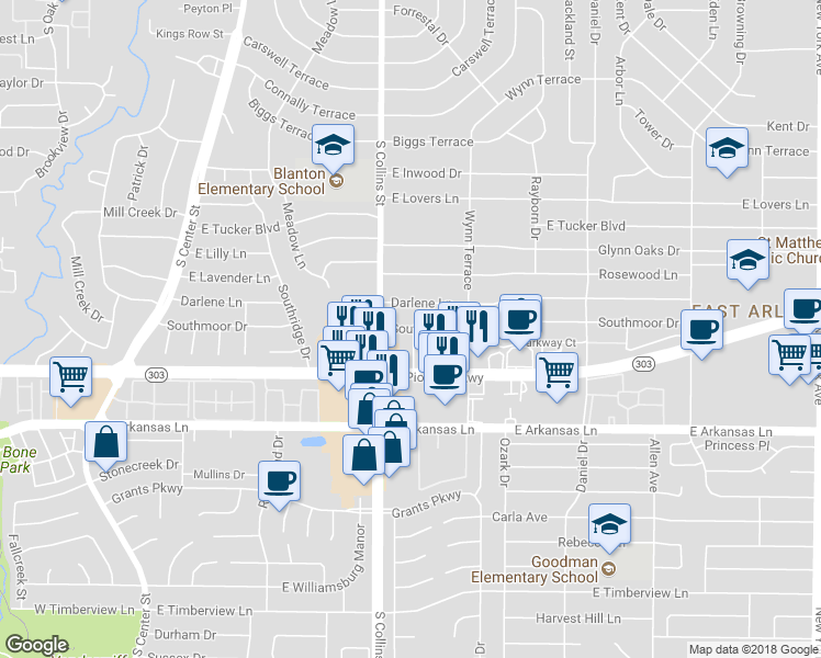 map of restaurants, bars, coffee shops, grocery stores, and more near 950 Southmoor Drive in Arlington
