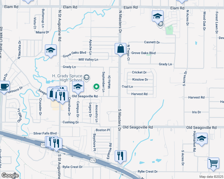 map of restaurants, bars, coffee shops, grocery stores, and more near 10111 Old Seagoville Road in Dallas