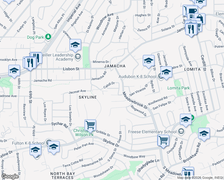 map of restaurants, bars, coffee shops, grocery stores, and more near 7453 Guthrie Way in San Diego