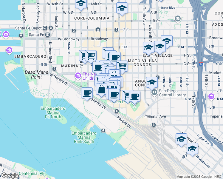 map of restaurants, bars, coffee shops, grocery stores, and more near in San Diego