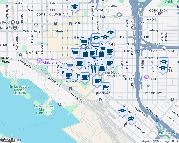 map of restaurants, bars, coffee shops, grocery stores, and more near 350 Tenth Avenue in San Diego