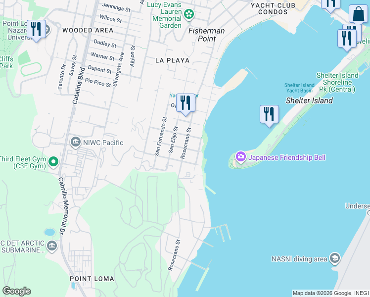 map of restaurants, bars, coffee shops, grocery stores, and more near Rosecrans Street & Lawrence Street in San Diego