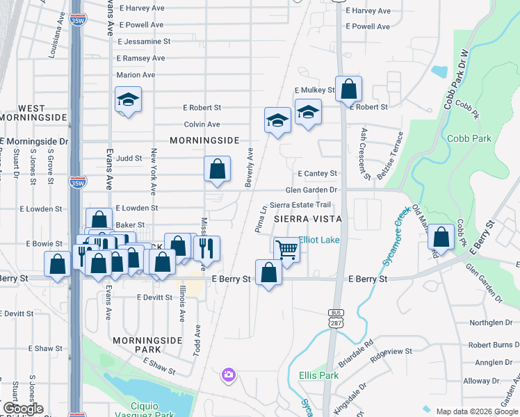 map of restaurants, bars, coffee shops, grocery stores, and more near 2928 Pima Lane in Fort Worth
