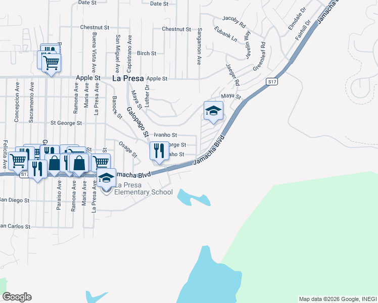 map of restaurants, bars, coffee shops, grocery stores, and more near 9844 Arapaho Street in Spring Valley