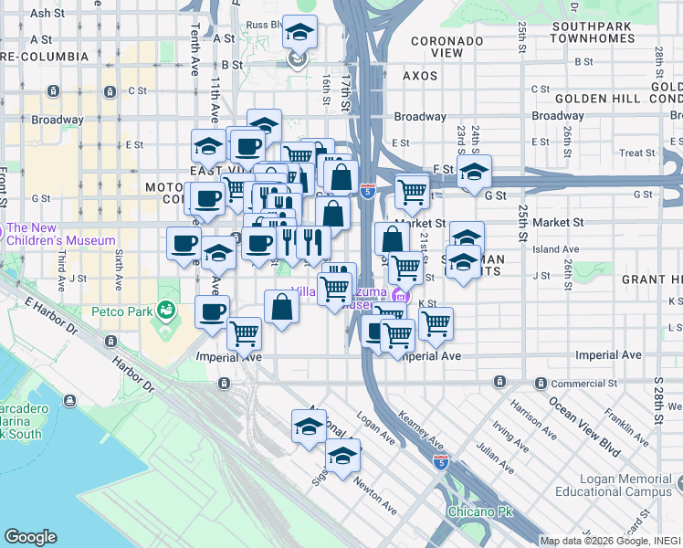 map of restaurants, bars, coffee shops, grocery stores, and more near 349 17th Street in San Diego
