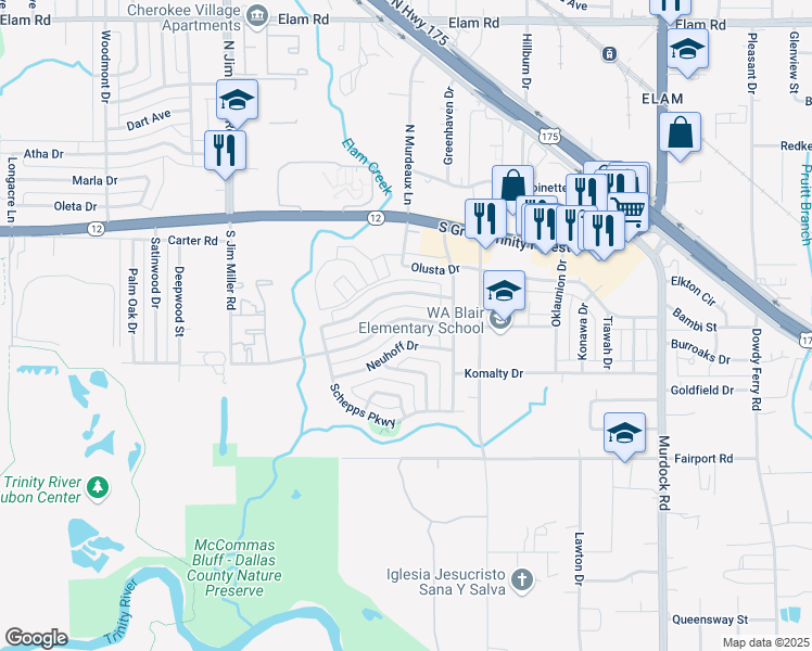 map of restaurants, bars, coffee shops, grocery stores, and more near 7505 Neuhoff Drive in Dallas