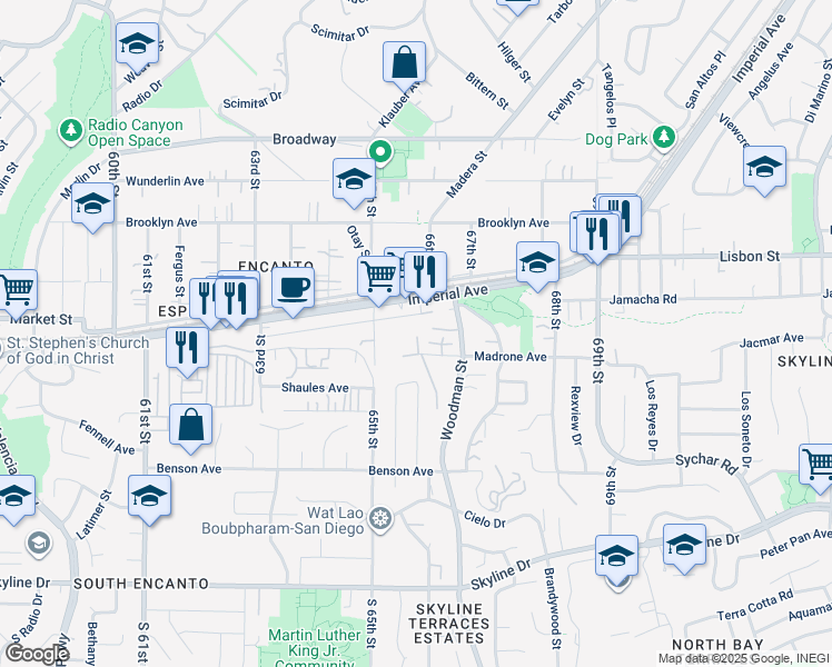 map of restaurants, bars, coffee shops, grocery stores, and more near 407 66th Street in San Diego