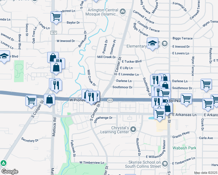 map of restaurants, bars, coffee shops, grocery stores, and more near South Center Street in Arlington
