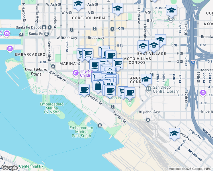 map of restaurants, bars, coffee shops, grocery stores, and more near 350 Fifth Avenue in San Diego