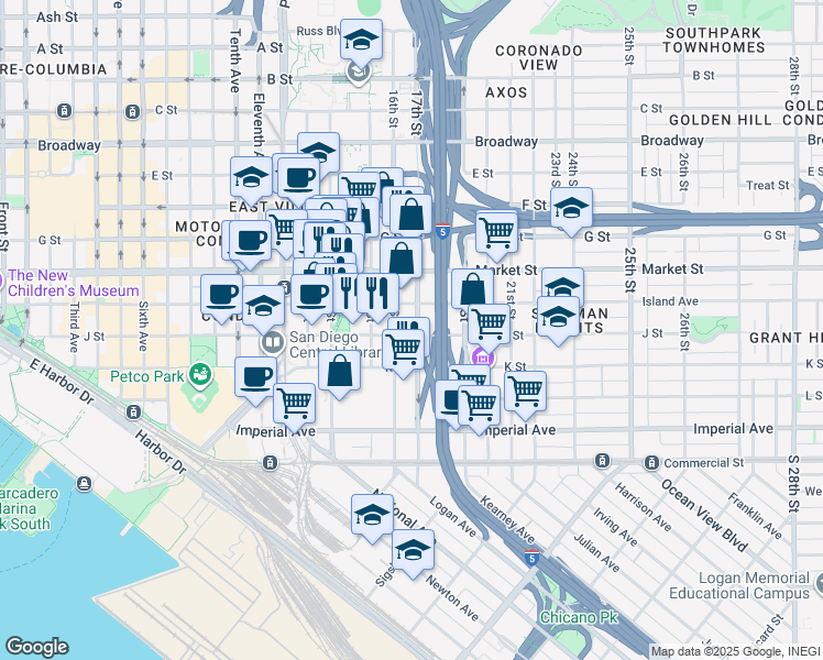 map of restaurants, bars, coffee shops, grocery stores, and more near 349 17th Street in San Diego