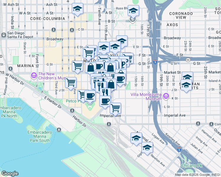 map of restaurants, bars, coffee shops, grocery stores, and more near in San Diego