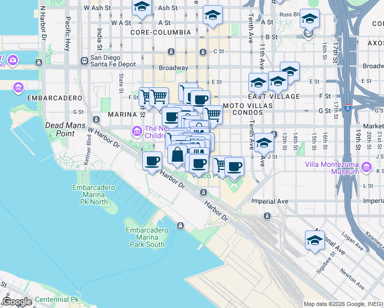 map of restaurants, bars, coffee shops, grocery stores, and more near in San Diego