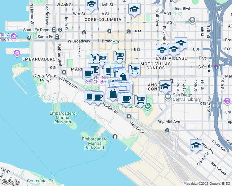 map of restaurants, bars, coffee shops, grocery stores, and more near 413 Third Avenue in San Diego