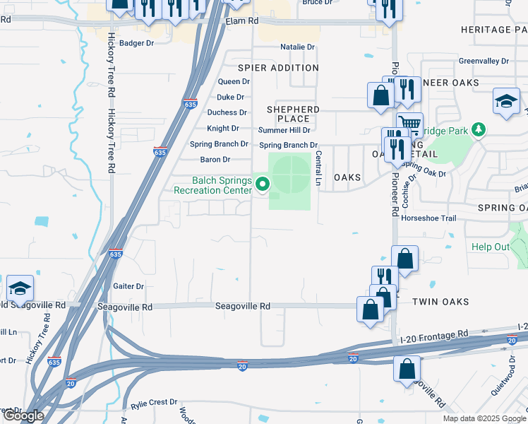 map of restaurants, bars, coffee shops, grocery stores, and more near 4416 Shepherd Lane in Balch Springs