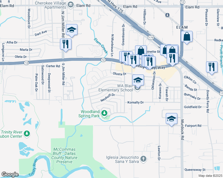 map of restaurants, bars, coffee shops, grocery stores, and more near 7505 Neuhoff Drive in Dallas