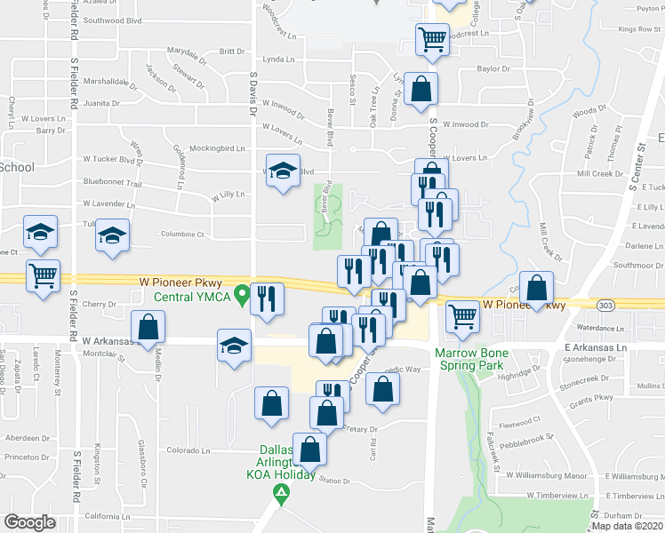 map of restaurants, bars, coffee shops, grocery stores, and more near 941 West Pioneer Parkway in Arlington