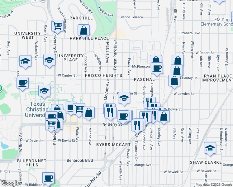 map of restaurants, bars, coffee shops, grocery stores, and more near 2911 Forest Park Boulevard in Fort Worth
